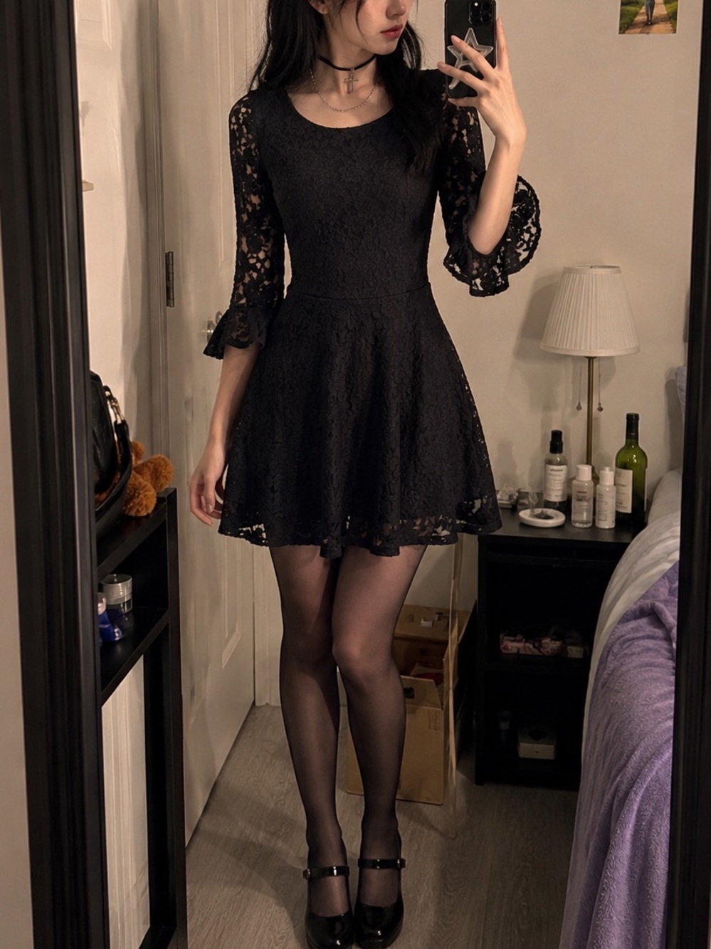 Vintage Black Lace Fit & Flare Dress Coquette Goth Bell Sleeve Mini Dress